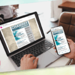 Person viewing a responsive newsletter design on both a laptop and smartphone, featuring a professional layout titled "CHAMBER Update" with branding by S-M Designs.