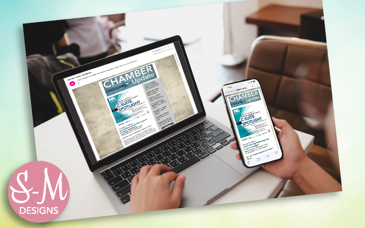 Person viewing a responsive newsletter design on both a laptop and smartphone, featuring a professional layout titled "CHAMBER Update" with branding by S-M Designs.